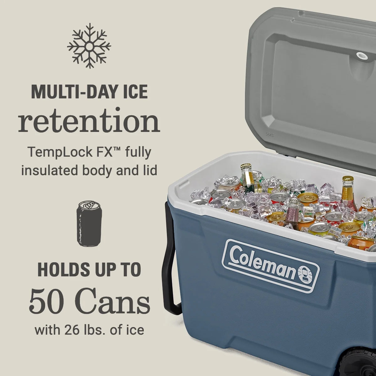 Coleman 316 Series 62QT Ice Chest Rolling Cooler with Wheels, Lakeside Blue